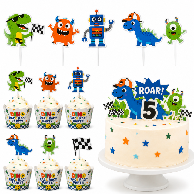 Dinosaur Race Cake & Cupcake Topper Set