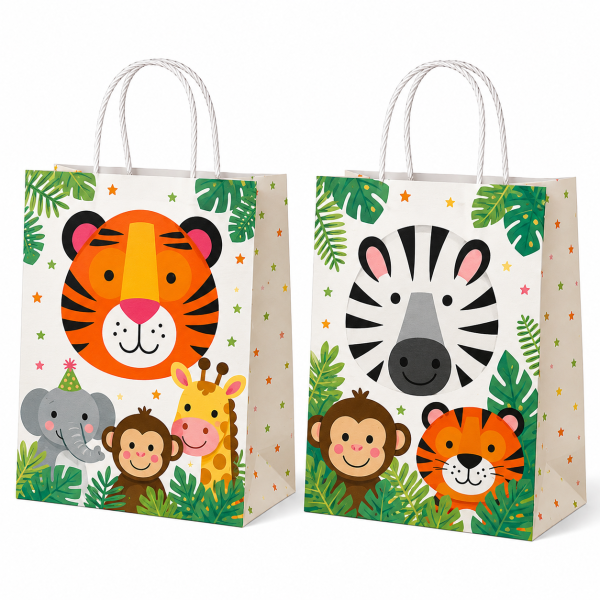 Safari Jungle Animal Party Favor Gift Bags with Handles for Birthday Party Supplies