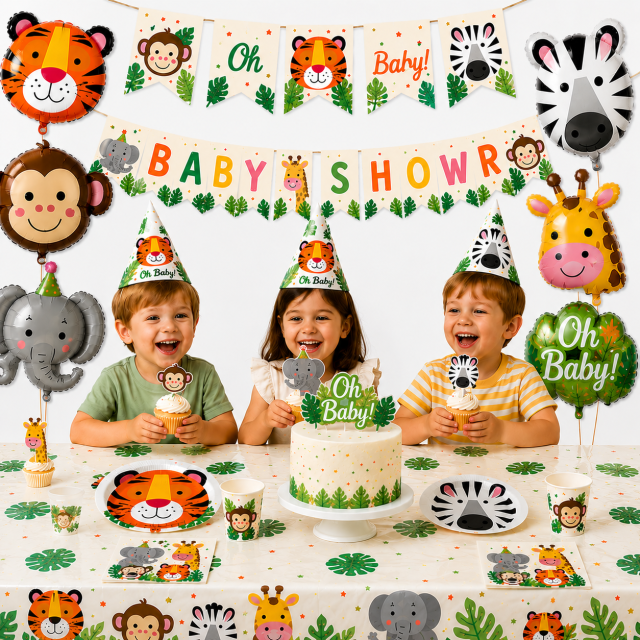 Safari Jungle Animal Baby Shower Party Decoration Kit with Balloons Banner Tableware and Cake Toppers