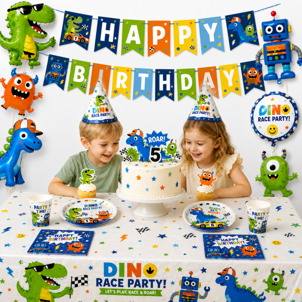 Dino Race Birthday Party Decoration Kit with Balloons Banner Tableware and Cake Toppers