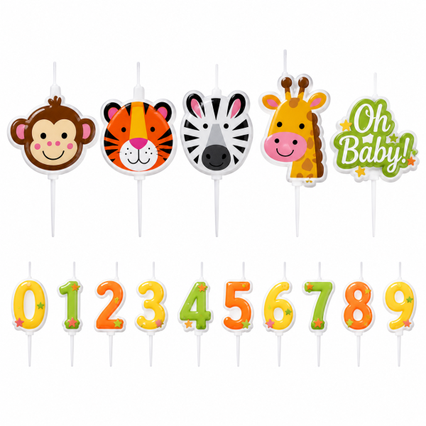 Safari Jungle Animal Birthday Cake Candles Set with Number Candles 0-9 for Kids Party