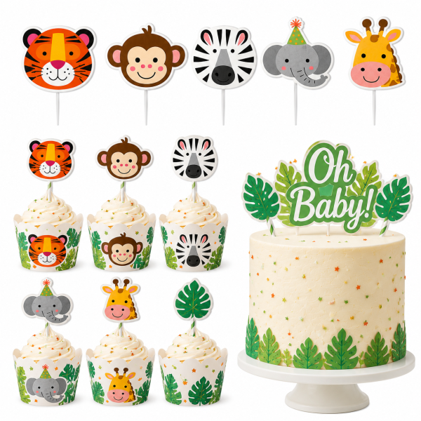 Safari Jungle Animal Cake Topper and Cupcake Decoration Set for Baby Shower Party