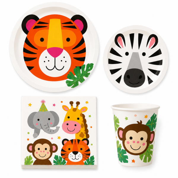 Safari Jungle Animal Party Tableware Set Disposable Paper Plates Cups and Napkins