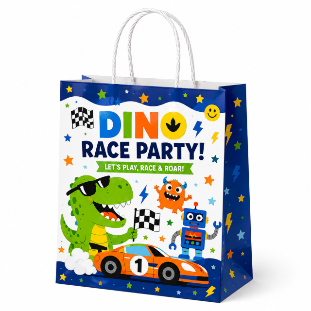 Dinosaur Race Party Favor Gift Bags with Handles for Boys Birthday Party Supplies