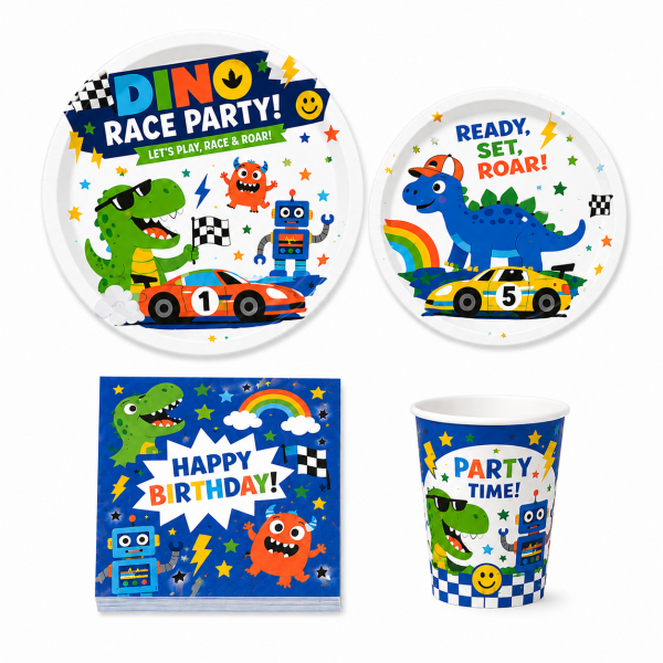 Dinosaur Race Party Tableware Set Disposable Paper Plates Cups and Napkins for Boys Birthday Party